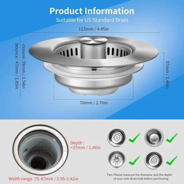 3-in-1 Stainless Steel Sink Drain Strainer - Image 4